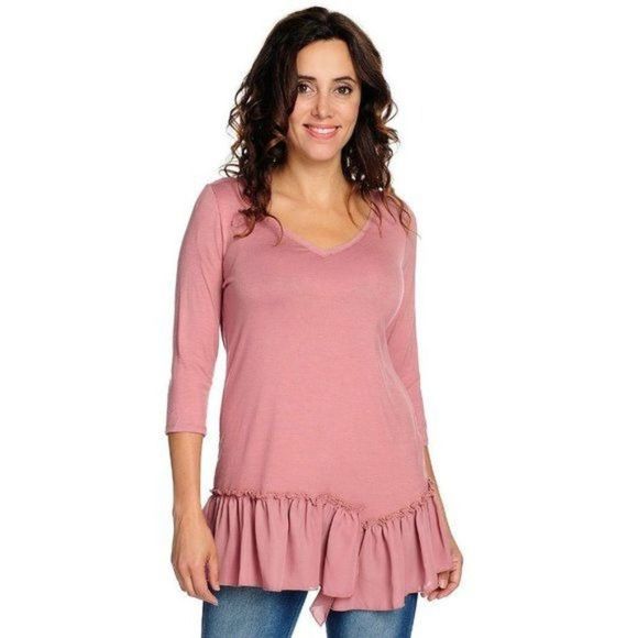 Kimberly Rose Boutique Tops - Dusty Blush Pink Long Sleeve Asymmetrical Ruffle Hem Tunic Top